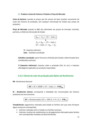 C)	 Produto a Custo de Factores e Produto a Preço de Mercado
Custo de factores: quando os preços que lhe servem de base resultam unicamente do
custo dos factores de produção, sem qualquer intervenção do Estado (aos preços do
produtor).
Preço de Mercado: quando os B&S são valorizados aos preços do mercado, incluindo,
portanto, o efeito da intervenção do Estado.
.

 
 
 .
.
Ti - impostos indirectos 

Subs. - Subsídios à produção 

Subsídios à produção: apoio financeiro atribuído pelo Estado a determinados bens
considerados essenciais.
Ti (impostos indirectos): impostos sobre a produção (IVA, IA, etc.) e impostos
alfandegários (aplicados aos produtos importados).
9.3.2. Cálculo do valor da produção pela Óptica do Rendimento
RN - Rendimento Nacional

 
 
 
 
 
 
 .
RI - Rendimento Interno: corresponde à totalidade das remunerações dos factores
produtivos de uma economia.

çõ 
 

Transferências: pagamentos realizados pelo Estado às famílias sem que estas forneçam
algum serviço em contrapartida.
•	 Internas: realizadas entre o Estado e as famílias nacionais.
•	 Externas: resultam de recebimentos ou de pagamentos efectuados pelas famílias
sem contrapartidas imediatas ao Resto do Mundo.
15
 