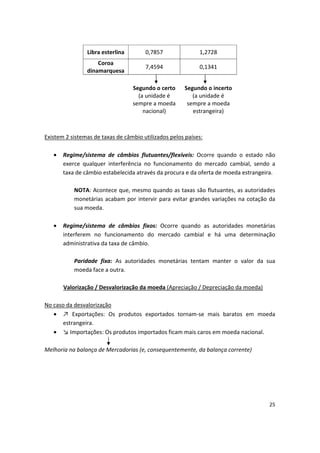 Libra esterlina 0,7857 1,2728
Coroa
7,4594 0,1341
dinamarquesa
ional)
(
sempre a moeda
Segundo o certo
(a unidade é
sempre a moeda
nac
Segundo o incerto
a unidade é
estrangeira)
Existem 2 sistemas de taxas de câmbio utilizados pelos países:
•	 Regime/sistema de câmbios flutuantes/flexíveis: Ocorre quando o estado não
exerce qualquer interferência no funcionamento do mercado cambial, sendo a
taxa de câmbio estabelecida através da procura e da oferta de moeda estrangeira.
NOTA: Acontece que, mesmo quando as taxas são flutuantes, as autoridades
monetárias acabam por intervir para evitar grandes variações na cotação da
sua moeda.
•	 Regime/sistema de câmbios fixos: Ocorre quando as autoridades monetárias
interferem no funcionamento do mercado cambial e há uma determinação
administrativa da taxa de câmbio.
Paridade fixa: As autoridades monetárias tentam manter o valor da sua
moeda face a outra.
Valorização / Desvalorização da moeda (Apreciação / Depreciação da moeda)
No caso da desvalorização
• ↗ Exportações: Os produtos exportados tornam-se mais baratos em moeda
estrangeira.
• ↘ Importações: Os produtos importados ficam mais caros em moeda nacional.
Melhoria na balança de Mercadorias (e, consequentemente, da balança corrente)
25
 