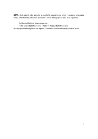 NOTA: Cada agente não garante o equilíbrio isoladamente entre recursos e empregos,
mas a totalidade da actividade económica tende a longo prazo para esse equilíbrio.
Existe equilíbrio no sistema quando:
Total Capacidade Financeira = Total de Necessidade Financeira
Isto porque os empregos de um Agente Económico constituem os recursos de outro.
7
 