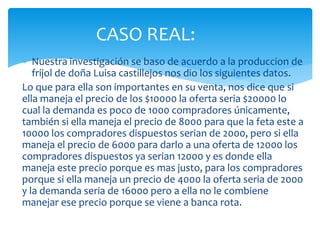  Nuestra investigación se baso de acuerdo a la produccion de
frijol de doña Luisa castillejos nos dio los siguientes datos.
Lo que para ella son importantes en su venta, nos dice que si
ella maneja el precio de los $10000 la oferta seria $20000 lo
cual la demanda es poco de 1000 compradores únicamente,
también si ella maneja el precio de 8000 para que la feta este a
10000 los compradores dispuestos serian de 2000, pero si ella
maneja el precio de 6000 para darlo a una oferta de 12000 los
compradores dispuestos ya serian 12000 y es donde ella
maneja este precio porque es mas justo, para los compradores
porque si ella maneja un precio de 4000 la oferta seria de 2000
y la demanda seria de 16000 pero a ella no le combiene
manejar ese precio porque se viene a banca rota.
CASO REAL:
 