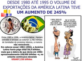 DESDE 1980 ATÉ 1995 O VOLUME DE EXPORTAÇÕES DA AMÉRICA LATINA TEVE  UM AUMENTO DE 245% Entre 1985 e 1996, a América latina , haviam extraído e enviado ao exterior 2,706 milhões de toneladas de produtos básicos, a maioria  não renováveis . Em catorze anos( 1982-1996), a América Latina havia pago US$739,9 bilhões , mais que o dobro do que devia em 1982- aproximadamente US$300 bilhões –e, no entanto continuava devendo  US$607,230 bilhões  