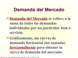 Demanda del Mercado Demanda del Mercado  se refiere a la suma de todas las demandas individuales por un particular bien o servicio. Gráficamente, las curvas de demanda horizontal son sumadas  horizontalmente  para obtener la curva de demanda del mercado. 
