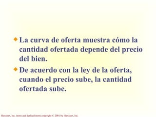 La curva de oferta muestra cómo la cantidad ofertada depende del precio del bien. De acuerdo con la ley de la oferta, cuando el precio sube, la cantidad ofertada sube. 