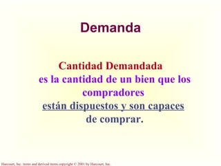 Demanda Cantidad Demandada es la cantidad de un bien que los compradores  están dispuestos y son capaces   de comprar. 