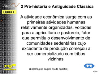 2 Pré-história e Antiguidade Clássica
A atividade econômica surge com as
primeiras atividades humanas
relativamente organizadas, voltadas
para a agricultura e pastoreio, fator
que permitiu o desenvolvimento de
comunidades sedentárias cujo
excedente de produção começou a
ser comercializado com tribos
vizinhas.
(Estamos na página 45 da apostila)
40/60
Tópico 5
 