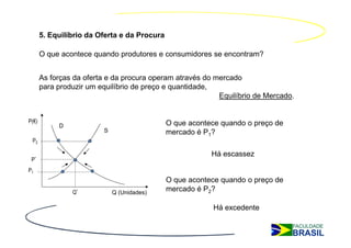 5. Equilíbrio da Oferta e da Procura

       O que acontece quando produtores e consumidores se encontram?


       As forças da oferta e da procura operam através do mercado
       para produzir um equilíbrio de preço e quantidade,
                                                           Equilíbrio de Mercado.


P(€)                                          O que acontece quando o preço de
            D
                         S                    mercado é P1?
 P2

                                                          Há escassez
 P*
P1
                                              O que acontece quando o preço de
                Q*           Q (Unidades)
                                              mercado é P2?

                                                          Há excedente
 
