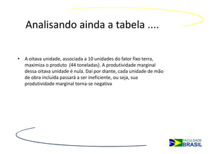 Analisando ainda a tabela ....

• A oitava unidade, associada a 10 unidades do fator fixo terra,
  maximiza o produto (44 toneladas). A produtividade marginal
  dessa oitava unidade é nula. Daí por diante, cada unidade de mão
  de obra incluída passará a ser ineficiente, ou seja, sua
  produtividade marginal torna-se negativa
 