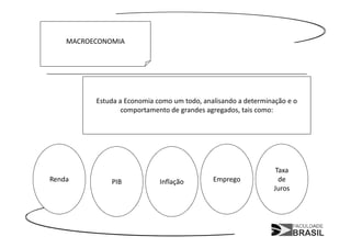 MACROECONOMIA




          Estuda a Economia como um todo, analisando a determinação e o
                  comportamento de grandes agregados, tais como:




                                                                Taxa
Renda         PIB            Inflação        Emprego             de
                                                               Juros
 