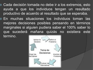 Cada decisión tomada no debe ir a los extremos, esto
ayuda a que los individuos tengan un resultado
productivo de acuerdo al resultado que se esperaba.
En muchas situaciones los individuos toman las
mejores decisiones posibles pensando en términos
marginales si alguien pudiera saber el 100% saber lo
que sucederá mañana quizás no existiera este
termino.
