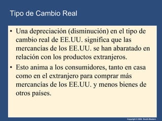 Copyright © 2004 South-Western
• Una depreciación (disminución) en el tipo de
cambio real de EE.UU. significa que las
mercancías de los EE.UU. se han abaratado en
relación con los productos extranjeros.
• Esto anima a los consumidores, tanto en casa
como en el extranjero para comprar más
mercancías de los EE.UU. y menos bienes de
otros países.
Tipo de Cambio Real
 