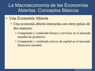 Copyright © 2004 South-Western
• Una Economía Abierta
• Una economía abierta interactúa con otros países de
dos maneras.
• Comprando y vendiendo bienes y servicios en el mercado
mundial de productos.
• Comprando y vendiendo activos de capital en el mercado
financiero mundial.
La Macroeconomía de las Economías
Abiertas: Conceptos Básicos
 