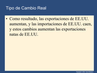 Copyright © 2004 South-Western
• Como resultado, las exportaciones de EE.UU.
aumentan, y las importaciones de EE.UU. caen,
y estos cambios aumentan las exportaciones
natas de EE.UU.
Tipo de Cambio Real
 