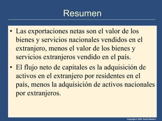 Copyright © 2004 South-Western
Resumen
• Las exportaciones netas son el valor de los
bienes y servicios nacionales vendidos en el
extranjero, menos el valor de los bienes y
servicios extranjeros vendido en el país.
• El flujo neto de capitales es la adquisición de
activos en el extranjero por residentes en el
país, menos la adquisición de activos nacionales
por extranjeros.
 