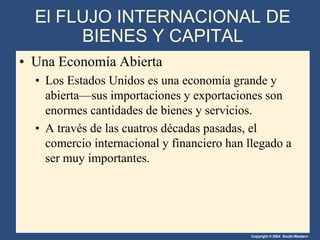 Copyright © 2004 South-Western
El FLUJO INTERNACIONAL DE
BIENES Y CAPITAL
• Una Economía Abierta
• Los Estados Unidos es una economía grande y
abierta—sus importaciones y exportaciones son
enormes cantidades de bienes y servicios.
• A través de las cuatros décadas pasadas, el
comercio internacional y financiero han llegado a
ser muy importantes.
 