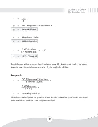 ECONOMÍA AGRARIA 
Elgin Antonio Vivas Viachica 
133 
Pt = Pg . 
Tt 
Pg = 363.2 kilogramos x 25 hectáreas x 0.771 
Pg = 7,000.68 dólares 
Tt = 8 hombres x 72 días 
Tt = 576 hombres-días 
Pt = 7,000.68 dólares = 12.15 
576 hombres-días 
Pt = 12.15 dólares/h-d 
Este indicador refleja que cada hombre-días produce 12.15 dólares de producción global. 
Además, este mismo indicador se puede calcular en términos físicos. 
Por ejemplo: 
Pt = 363.2 kilgramos x 25 hectáreas = 
8 hombres x 72dias 
9,080kilogramos = 
576 h-d 
Pt = 15.76 kilogramos/h-d 
Tiene la misma interpretación que el indicador de valor, solamente que este nos indica que 
cada hombre-día produce 15.76 kilogramos de frijol. 
 