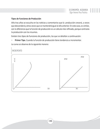 ECONOMÍA AGRARIA 
Elgin Antonio Vivas Viachica 
Tipos de Funciones de Producción 
Año tras años se escucha en las noticias y comentarios que la producción crecerá, a veces 
que descenderá y otras veces que se mantendrá igual al año anterior. En este caso, es similar, 
con la diferencia que la función de producción es un cálculo más refinado, porque contrasta 
la producción con los insumos. 
Existen tres tipos de funciones de producción, los que se detallan a continuación: 
• Primer Tipo. Cuando la función de producción tiene tendencia a incrementar. 
La curva se observa de la siguiente manera: 
145 
INCREMENTO 
 