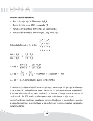 UNIVERSIDAD NACIONAL AGRARIA 
Situación después del cambio 
• Precio del frijol rojo $0.95 centavos Kg P2A 
• Precio del frijol negro $0.27 centavos kg P2B 
• Variación en la cantidad de frijol fojo 5.6 kg (miles Q2A) 
• Variación en la cantidad de frijol negro 3.5 kg (miles) Q2B. 
Q1 A - Q2 A 
198 
Aplicando la fórmula = E = (A-B) = 
Q1 A + Q2 A 
P1 B + P2 B 
P1 B + P2 B 
Q1A – Q2A 
x 
P1B + P2B 
Q1A + Q2A P1B – P2B 
E(A - B) = 
6.0 – 5.6 
x 
0.55 + 0.27 
6.0 + 5.6 0.55 – 0.27 
E(A - B) = 
0.4 
x 
0.82 
= 0.0344827 x 2.9285714 = 0.10 
11.6 0.28 
E(A - B) = 0.10 , son productos que se complementan 
El coeficiente (A - B) = 0.10 significa que el frijol negro no sustituye al frijol rojo debido a que 
no se acerca a 1. Si el coeficiente fuera 2, la sustitución sería estrictamente proporcional. 
Si se hace el mismo cálculo, pero empleando la soya de cómo producto sustituto y el 
coeficiente A - B = 0.90, se dirá que la soya es mejor sustituto que el frijol negro. 
Los coeficientes de elasticidad cruzada con signo positivo (como el anterior) corresponden 
a productos sustitutos o competitivos, y los coeficientes con signo negativo a productos 
complementarios. 
 