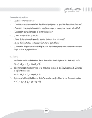 ECONOMÍA AGRARIA 
Elgin Antonio Vivas Viachica 
Preguntas de control: 
• ¿Qué es comercialización? 
• ¿Cuáles son los diferentes tipos de utilidad que genera el proceso de comercialización? 
• ¿Cuáles son los principales agentes involucrados en el proceso de comercialización? 
• ¿Cuáles son las funciones de la comercialización? 
• ¿Cómo se definen los precios? 
• ¿Cómo define demanda y cuáles son los factores de la demanda? 
• ¿Cómo define oferta y cuáles son los factores de la Oferta? 
• ¿Cuáles son las principales estrategias para mejorar el proceso de comercialización de 
211 
los productos agropecuarios? 
Resuelva: 
1. Determine la elasticidad Precio de la Demanda cuando el precio y la demanda varía. 
P1 = 2 y P2 = 1; Q1 = 15 y Q2 = 30 
2. Determina la Elasticidad Precio de la Demanda cuando el precio y la demanda varían de 
la siguiente manera: 
P1 = 3 y P2 = 2; Q1 = 20 y Q2 = 20 
3. Determine la Elasticidad Precio de la Demanda cuando el Precio y la Demanda varían 
P1 = 5 y P2 = 2; Q1 = 10 y Q2 = 40 
 