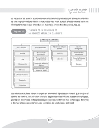 ECONOMÍA AGRARIA 
Elgin Antonio Vivas Viachica 
La necesidad de evaluar económicamente los servicios prestados por el medio ambiente 
es una aceptación tácita de que la naturaleza crea valor, aunque probablemente no en los 
mismos términos en que entendían los fisiócratas (Yunez-Nande Antonio, Pág. 3). 
PANORAMA DE LA IMPORTANCIA DE 
LOS RECURSOS NATURALES Y EL AMBIENTE 
217 
Diagrama 11: 
Los recursos naturales tienen su origen en fenómenos o procesos naturales que escapan al 
control del hombre. Los procesos naturales de generación del recurso pueden ser biológicos, 
geológicos o químicos. Estos procesos generadores pueden ser muy cortos (agua de lluvia) 
o de muy larga duración (proceso de formación de una bolsa de petróleo). 
 