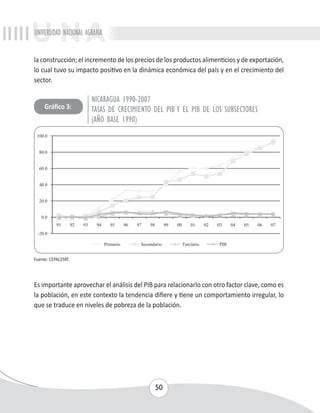 UNIVERSIDAD NACIONAL AGRARIA 
la construcción; el incremento de los precios de los productos alimenticios y de exportación, 
lo cual tuvo su impacto positivo en la dinámica económica del país y en el crecimiento del 
sector. 
NICARAGUA 1990-2007 
TASAS DE CRECIMIENTO DEL PIB Y EL PIB DE LOS SUBSECTORES 
(AÑO BASE 1990) 
50 
Gráfico 3: 
Fuente: CEPALSTAT. 
Es importante aprovechar el análisis del PIB para relacionarlo con otro factor clave, como es 
la población, en este contexto la tendencia difiere y tiene un comportamiento irregular, lo 
que se traduce en niveles de pobreza de la población. 
 