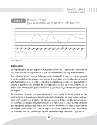 ECONOMÍA AGRARIA 
Elgin Antonio Vivas Viachica 
Exportaciones 
Las exportaciones del país dependen fundamentalmente de la agricultura careciendo de 
una diversificación de los productos, lo que hace a la economía nicaragüense vulnerable. 
Esencialmente, el país depende de las exportaciones del café, el cual es un cultivo que está 
en crisis mundial, ocasionada por el crecimiento de la oferta en los mercados internacionales 
y las fluctuaciones de los precios; el otro rubro de importancia dentro de los diez, es la carne 
vacuna, la cual tiene una cantidad de requisitos sanitarios que se deben cumplir para su 
exportación. Ambos rubros podrían fortalecer la agroindustria y participar en la generación 
de empleo. 
Es importante destacar que para visualizar la importancia de la agricultura en las 
exportaciones se seleccionaron los diez principales productos de exportación en el que 
sobresalen básicamente productos agrícolas, pecuarios y de la pesca. Ello demuestra que 
las exportaciones del país se fundamentan en el sector primario. Lo que plantea un reto al 
país de exportar producto que tengan procesamiento industrial, para ampliar la generación 
de empleo, uso de la ciencia y la técnica; mejorar el valor de las exportaciones. De estos diez 
solamente los metales, las bebidas y líquidos alcohólicos no provienen de la agricultura. 
51 
Fuente: CEPALSTAT. 
NICARAGUA 1990-2007 
TASAS DE CRECIMIENTO DEL PIB PER CÁPITA - (AÑO BASE 1990) 
Gráfico 4: 
 