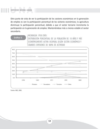UNIVERSIDAD NACIONAL AGRARIA 
Otro punto de vista de ver la participación de los sectores económicos en la generación 
de empleo es con la participación porcentual de los sectores económicos; la agricultura 
disminuye la participación porcentual; debido a que el sector terciario incrementa la 
participación en la generación de empleo. Manteniéndose más o menos estable el sector 
secundario. 
54 
Fuente: INEC, 2005. 
NICARAGUA 1950-2005: 
DISTRIBUCIÓN PORCENTUAL DE LA POBLACIÓN DE 10 AÑOS Y MÁS 
ECONÓMICAMENTE ACTIVA OCUPADA, SEGÚN SECTOR ECONÓMICO Y 
GRANDES DIVISIONES DE RAMA DE ACTIVIDAD 
GráfIco 5: 
 
