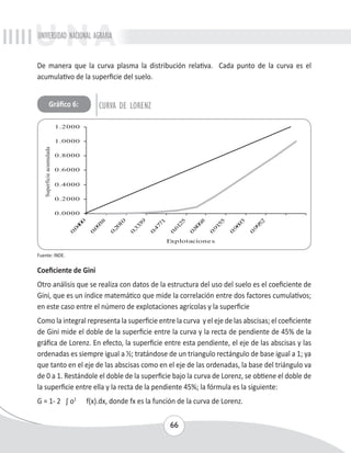 UNIVERSIDAD NACIONAL AGRARIA 
De manera que la curva plasma la distribución relativa. Cada punto de la curva es el 
acumulativo de la superficie del suelo. 
Fuente: INDE. 
Coeficiente de Gini 
Otro análisis que se realiza con datos de la estructura del uso del suelo es el coeficiente de 
Gini, que es un índice matemático que mide la correlación entre dos factores cumulativos; 
en este caso entre el número de explotaciones agrícolas y la superficie 
Como la integral representa la superficie entre la curva y el eje de las abscisas; el coeficiente 
de Gini mide el doble de la superficie entre la curva y la recta de pendiente de 45% de la 
gráfica de Lorenz. En efecto, la superficie entre esta pendiente, el eje de las abscisas y las 
ordenadas es siempre igual a ½; tratándose de un triangulo rectángulo de base igual a 1; ya 
que tanto en el eje de las abscisas como en el eje de las ordenadas, la base del triángulo va 
de 0 a 1. Restándole el doble de la superficie bajo la curva de Lorenz, se obtiene el doble de 
la superficie entre ella y la recta de la pendiente 45%; la fórmula es la siguiente: 
G = 1- 2 ∫ o1 f(x).dx, donde fx es la función de la curva de Lorenz. 
66 
Gráfico 6: CURVA DE LORENZ 
 