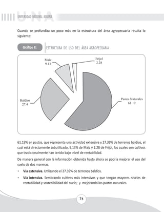 UNIVERSIDAD NACIONAL AGRARIA 
Cuando se profundiza un poco más en la estructura del área agropecuaria resulta lo 
siguiente: 
Gráfico 8: ESTRUCTURA DE USO DEL ÁREA AGROPECUARIA 
61.19% en pastos, que representa una actividad extensiva y 27.39% de terrenos baldíos, el 
cual está directamente subutilizado, 9.13% de Maíz y 2.28 de Frijol, los cuales son cultivos 
que tradicionalmente han tenido bajo nivel de rentabilidad. 
De manera general con la información obtenida hasta ahora se podría mejorar el uso del 
suelo de dos maneras: 
• Vía extensiva. Utilizando el 27.39% de terrenos baldíos. 
• Vía intensiva. Sembrando cultivos más intensivos y que tengan mayores niveles de 
rentabilidad y sostenibilidad del suelo; y mejorando los pastos naturales. 
74 
 