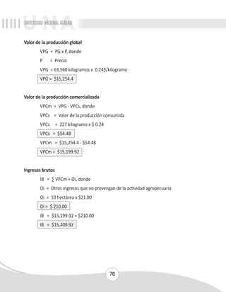 UNIVERSIDAD NACIONAL AGRARIA 
78 
Valor de la producción global 
VPG = PG x P, donde 
P = Precio 
VPG = 63,560 kilogramos x 0.24$/kilogramo 
VPG = $15,254.4 
Valor de la producción comercializada 
VPCm = VPG - VPCs, donde 
VPCs = Valor de la producción consumida 
VPCs = 227 kilogramo x $ 0.24 
VPCs = $54.48 
VPCm = $15,254.4 - $54.48 
VPCm = $15,199.92 
Ingresos brutos 
IB = Σ VPCm + Oi, donde 
Oi = Otros ingresos que no provengan de la actividad agropecuaria 
Oi = 10 hectárea x $21.00 
Oi = $ 210.00 
IB = $15,199.92 + $210.00 
IB = $15,409.92 
 