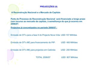 PROJECÇÕES (4)

A Reconstrução Nacional e o Mercado de Capitais


Parte do Processo de Reconstrução Nacional será financiado a longo prazo
com recurso ao mercado de capitais, à semelhança do que já ocorreu em
2006/07:
Projectos já concretizados no período 2006/07 :


Emissão de OT’s para a fase II do Projecto Nova Vida: USD 157 Milhões


Emissão de OT’s ME para financiamento do PIP:       USD 400 Milhões


Emissão de OT’s ME para projectos em Cabinda:       USD 250 Milhões


                          TOTAL 2006/07             USD 807 Milhões
 