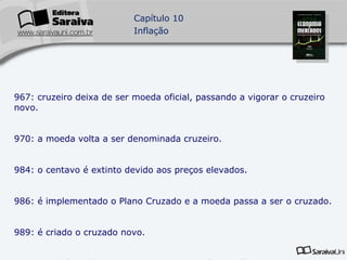 1967: cruzeiro deixa de ser moeda oficial, passando a vigorar o cruzeiro novo. 1970: a moeda volta a ser denominada cruzeiro. 1984: o centavo é extinto devido aos preços elevados. 1986: é implementado o Plano Cruzado e a moeda passa a ser o cruzado. 1989: é criado o cruzado novo. 1999: a moeda volta a ser o cruzeiro com o Plano Collor. 1993: é criado o cruzeiro real. 1994: com o Plano Real, a moeda oficial passa a ser o real.ß 
