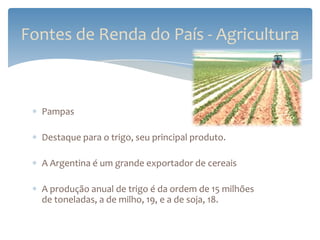 Fontes de Renda do País - Agricultura



  Pampas

  Destaque para o trigo, seu principal produto.

  A Argentina é um grande exportador de cereais

  A produção anual de trigo é da ordem de 15 milhões
  de toneladas, a de milho, 19, e a de soja, 18.
 