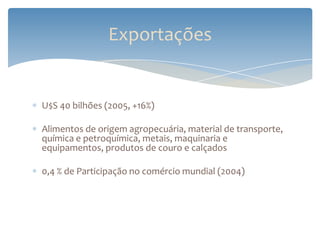 Exportações


U$S 40 bilhões (2005, +16%)

Alimentos de origem agropecuária, material de transporte,
química e petroquímica, metais, maquinaria e
equipamentos, produtos de couro e calçados

0,4 % de Participação no comércio mundial (2004)
 