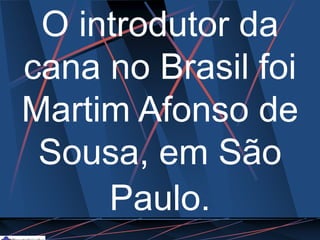 O introdutor da
cana no Brasil foi
Martim Afonso de
Sousa, em São
Paulo.
 