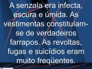 A senzala era infecta,
escura e úmida. As
vestimentas constituíam-
se de verdadeiros
farrapos. As revoltas,
fugas e suicídios eram
muito freqüentes.
 