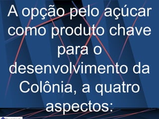 A opção pelo açúcar
como produto chave
para o
desenvolvimento da
Colônia, a quatro
aspectos:
 