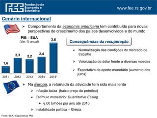 www.fee.rs.gov.br
Cenário internacional
 Comportamento da economia americana tem contribuído para novas
perspectivas de crescimento dos países desenvolvidos e do mundo
1,6
2,3 2,2
2,4
3,6
2011 2012 2013 2014 2015*
PIB – EUA
(Var. % anual)
 Normalização das condições do mercado de
trabalho
 Valorização do dólar frente a diversas moedas
Consequências da recuperação
 Expectativa de aperto monetário (aumento dos
juros americanos)
 Na Europa, a retomada da atividade tem sido mais lenta
 Inflação baixa (baixo preço do petróleo)
 Estímulo monetário: Quantitative Easing
 € 60 bilhões por mês até 2016
 Instabilidade política – Grécia
Fonte: BEA. FMI. *Expectativas.
 