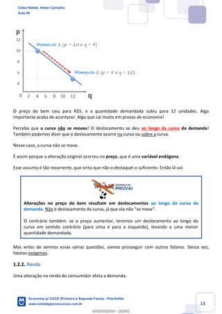 13
O preço do bem caiu para R$5, e a quantidade demandada subiu para 12 unidades. Algo
importante acaba de acontecer. Algo que cai muito em provas de economia!
Perceba que a curva não se moveu! O deslocamento se deu ao longo da curva da demanda!
Também podemos dizer que o deslocamento ocorre na curva ou sobre a curva.
Nesse caso, a curva não se move.
É assim porque a alteração original ocorreu no preço, que é uma variável endógena.
Esse assunto é tão recorrente, que sinto que não o destaquei o suficiente. Então lá vai:
Alterações no preço do bem resultam em deslocamentos ao longo da curva da
demanda. Não é deslocamento da curva, já que ela não “se mexe”.
O contrário também: se o preço aumentar, teremos um deslocamento ao longo da
curva em sentido contrário (para cima e para a esquerda), levando a uma menor
quantidade demandada.
Mas antes de vermos essas várias questões, vamos prosseguir com outros fatores. Dessa vez,
fatores exógenos.
1.2.2. Renda
Uma alteração na renda do consumidor afeta a demanda.
Celso Natale, Heber Carvalho
Aula 00
Economia p/ CACD (Primeira e Segunda Fases) - Pós-Edital
www.estrategiaconcursos.com.br
0
00000000000 - DEMO
 