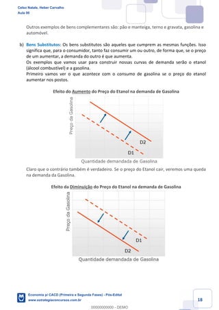 18
Outros exemplos de bens complementares são: pão e manteiga, terno e gravata, gasolina e
automóvel.
b) Bens Substitutos: Os bens substitutos são aqueles que cumprem as mesmas funções. Isso
significa que, para o consumidor, tanto faz consumir um ou outro, de forma que, se o preço
de um aumentar, a demanda do outro é que aumenta.
Os exemplos que vamos usar para construir nossas curvas de demanda serão o etanol
(álcool combustível) e a gasolina.
Primeiro vamos ver o que acontece com o consumo de gasolina se o preço do etanol
aumentar nos postos.
Efeito do Aumento do Preço do Etanol na demanda de Gasolina
Claro que o contrário também é verdadeiro. Se o preço do Etanol cair, veremos uma queda
na demanda da Gasolina.
Efeito da Diminuição do Preço do Etanol na demanda de Gasolina
Celso Natale, Heber Carvalho
Aula 00
Economia p/ CACD (Primeira e Segunda Fases) - Pós-Edital
www.estrategiaconcursos.com.br
0
00000000000 - DEMO
 