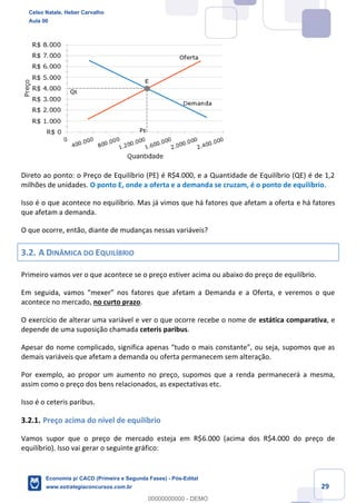 29
Direto ao ponto: o Preço de Equilíbrio (PE) é R$4.000, e a Quantidade de Equilíbrio (QE) é de 1,2
milhões de unidades. O ponto E, onde a oferta e a demanda se cruzam, é o ponto de equilíbrio.
Isso é o que acontece no equilíbrio. Mas já vimos que há fatores que afetam a oferta e há fatores
que afetam a demanda.
O que ocorre, então, diante de mudanças nessas variáveis?
3.2. A DINÂMICA DO EQUILÍBRIO
Primeiro vamos ver o que acontece se o preço estiver acima ou abaixo do preço de equilíbrio.
Em seguida, vamos “mexer” nos fatores que afetam a Demanda e a Oferta, e veremos o que
acontece no mercado, no curto prazo.
O exercício de alterar uma variável e ver o que ocorre recebe o nome de estática comparativa, e
depende de uma suposição chamada ceteris paribus.
Apesar do nome complicado, significa apenas “tudo o mais constante”, ou seja, supomos que as
demais variáveis que afetam a demanda ou oferta permanecem sem alteração.
Por exemplo, ao propor um aumento no preço, supomos que a renda permanecerá a mesma,
assim como o preço dos bens relacionados, as expectativas etc.
Isso é o ceteris paribus.
3.2.1. Preço acima do nível de equilíbrio
Vamos supor que o preço de mercado esteja em R$6.000 (acima dos R$4.000 do preço de
equilíbrio). Isso vai gerar o seguinte gráfico:
Celso Natale, Heber Carvalho
Aula 00
Economia p/ CACD (Primeira e Segunda Fases) - Pós-Edital
www.estrategiaconcursos.com.br
0
00000000000 - DEMO
 