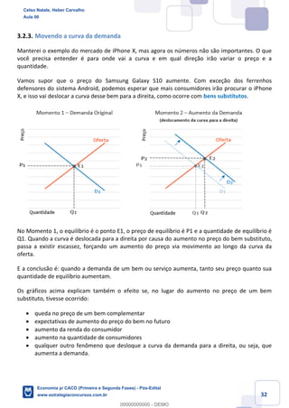 32
3.2.3. Movendo a curva da demanda
Manterei o exemplo do mercado de iPhone X, mas agora os números não são importantes. O que
você precisa entender é para onde vai a curva e em qual direção irão variar o preço e a
quantidade.
Vamos supor que o preço do Samsung Galaxy S10 aumente. Com exceção dos ferrenhos
defensores do sistema Android, podemos esperar que mais consumidores irão procurar o iPhone
X, e isso vai deslocar a curva desse bem para a direita, como ocorre com bens substitutos.
No Momento 1, o equilíbrio é o ponto E1, o preço de equilíbrio é P1 e a quantidade de equilíbrio é
Q1. Quando a curva é deslocada para a direita por causa do aumento no preço do bem substituto,
passa a existir escassez, forçando um aumento do preço via movimento ao longo da curva da
oferta.
E a conclusão é: quando a demanda de um bem ou serviço aumenta, tanto seu preço quanto sua
quantidade de equilíbrio aumentam.
Os gráficos acima explicam também o efeito se, no lugar do aumento no preço de um bem
substituto, tivesse ocorrido:
• queda no preço de um bem complementar
• expectativas de aumento do preço do bem no futuro
• aumento da renda do consumidor
• aumento na quantidade de consumidores
• qualquer outro fenômeno que desloque a curva da demanda para a direita, ou seja, que
aumenta a demanda.
Celso Natale, Heber Carvalho
Aula 00
Economia p/ CACD (Primeira e Segunda Fases) - Pós-Edital
www.estrategiaconcursos.com.br
0
00000000000 - DEMO
 
