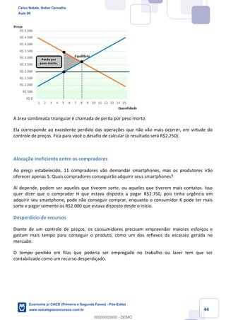 44
A área sombreada triangular é chamada de perda por peso morto.
Ela corresponde ao excedente perdido das operações que não vão mais ocorrer, em virtude do
controle de preços. Fica para você o desafio de calcular (o resultado será R$2.250).
Alocação ineficiente entre os compradores
Ao preço estabelecido, 11 compradores vão demandar smartphones, mas os produtores irão
oferecer apenas 5. Quais compradores conseguirão adquirir seus smartphones?
Aí depende, podem ser aqueles que tiverem sorte, ou aqueles que tiverem mais contatos. Isso
quer dizer que o comprador H que estava disposto a pagar R$2.750, pois tinha urgência em
adquirir seu smartphone, pode não conseguir comprar, enquanto o consumidor K pode ter mais
sorte e pagar somente os R$2.000 que estava disposto desde o início.
Desperdício de recursos
Diante de um controle de preços, os consumidores precisam empreender maiores esforços e
gastam mais tempo para conseguir o produto, como um dos reflexos da escassez gerada no
mercado.
O tempo perdido em filas que poderia ser empregado no trabalho ou lazer tem que ser
contabilizado como um recurso desperdiçado.
Celso Natale, Heber Carvalho
Aula 00
Economia p/ CACD (Primeira e Segunda Fases) - Pós-Edital
www.estrategiaconcursos.com.br
0
00000000000 - DEMO
 