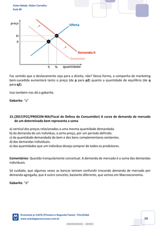 50
Faz sentido que o deslocamento seja para a direita, não? Dessa forma, a campanha de marketing
bem-sucedida aumentará tanto o preço (de p para p2) quanto a quantidade de equilíbrio (de q
para q2).
Isso também nos dá o gabarito.
Gabarito: “a”
15.(2017/FCC/PROCON-MA/Fiscal de Defesa do Consumidor) A curva de demanda de mercado
de um determinado bem representa a soma
a) vertical dos preços relacionados a uma mesma quantidade demandada.
b) da demanda de um indivíduo, a certo preço, por um período definido.
c) da quantidade demandada do bem e dos bens complementares existentes.
d) das demandas individuais.
e) das quantidades que um indivíduo deseja comprar de todos os produtores.
Comentários: Questão tranquilamente conceitual. A demanda de mercado é a soma das demandas
individuais.
Só cuidado, que algumas vezes as bancas tentam confundir trocando demanda de mercado por
demanda agregada, que é outro conceito, bastante diferente, que vemos em Macroeconomia.
Gabarito: “d”
Celso Natale, Heber Carvalho
Aula 00
Economia p/ CACD (Primeira e Segunda Fases) - Pós-Edital
www.estrategiaconcursos.com.br
0
00000000000 - DEMO
 