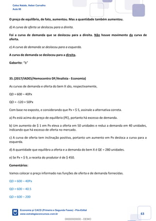 63
O preço de equilíbrio, de fato, aumentou. Mas a quantidade também aumentou.
d) A curva de oferta se deslocou para a direita.
Foi a curva de demanda que se deslocou para a direita. Não houve movimento da curva de
oferta.
e) A curva de demanda se deslocou para a esquerda.
A curva de demanda se deslocou para a direita.
Gabarito: “b”
35.(2017/IADES/Hemocentro DF/Analista - Economia)
As curvas de demanda e oferta do bem X são, respectivamente,
QD = 600 – 40Px
QO = -120 + 50Px
Com base no exposto, e considerando que Px = $ 5, assinale a alternativa correta.
a) Px está acima do preço de equilíbrio (PE), portanto há excesso de demanda.
b) Um aumento de $ 1 em Px eleva a oferta em 50 unidades e reduz a demanda em 40 unidades,
indicando que há excesso de oferta no mercado.
c) A curva de oferta tem inclinação positiva, portanto um aumento em Px desloca a curva para a
esquerda.
d) A quantidade que equilibra a oferta e a demanda do bem X é QE = 280 unidades.
e) Se Px = $ 9, a receita do produtor é de $ 450.
Comentários:
Vamos colocar o preço informado nas funções de oferta e de demanda fornecidas.
QD = 600 – 40Px
QD = 600 – 40.5
QD = 600 – 200
Celso Natale, Heber Carvalho
Aula 00
Economia p/ CACD (Primeira e Segunda Fases) - Pós-Edital
www.estrategiaconcursos.com.br
0
00000000000 - DEMO
 