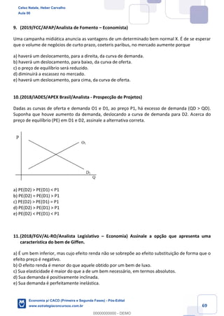 69
9. (2019/FCC/AFAP/Analista de Fomento – Economista)
Uma campanha midiática anuncia as vantagens de um determinado bem normal X. É de se esperar
que o volume de negócios de curto prazo, coeteris paribus, no mercado aumente porque
a) haverá um deslocamento, para a direita, da curva de demanda.
b) haverá um deslocamento, para baixo, da curva de oferta.
c) o preço de equilíbrio será reduzido.
d) diminuirá a escassez no mercado.
e) haverá um deslocamento, para cima, da curva de oferta.
10.(2018/IADES/APEX Brasil/Analista - Prospecção de Projetos)
Dadas as curvas de oferta e demanda O1 e D1, ao preço P1, há excesso de demanda (QD > QO).
Suponha que houve aumento da demanda, deslocando a curva de demanda para D2. Acerca do
preço de equilíbrio (PE) em D1 e D2, assinale a alternativa correta.
a) PE(D2) > PE(D1) < P1
b) PE(D2) = PE(D1) > P1
c) PE(D2) > PE(D1) = P1
d) PE(D2) > PE(D1) > P1
e) PE(D2) < PE(D1) < P1
11.(2018/FGV/AL-RO/Analista Legislativo – Economia) Assinale a opção que apresenta uma
característica do bem de Giffen.
a) É um bem inferior, mas cujo efeito renda não se sobrepõe ao efeito substituição de forma que o
efeito preço é negativo.
b) O efeito renda é menor do que aquele obtido por um bem de luxo.
c) Sua elasticidade é maior do que a de um bem necessário, em termos absolutos.
d) Sua demanda é positivamente inclinada.
e) Sua demanda é perfeitamente inelástica.
Celso Natale, Heber Carvalho
Aula 00
Economia p/ CACD (Primeira e Segunda Fases) - Pós-Edital
www.estrategiaconcursos.com.br
0
00000000000 - DEMO
 