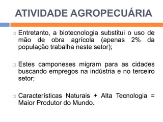 ATIVIDADE AGROPECUÁRIA


Entretanto, a biotecnologia substitui o uso de
mão de obra agrícola (apenas 2% da
população trabalha neste setor);



Estes camponeses migram para as cidades
buscando empregos na indústria e no terceiro
setor;



Características Naturais + Alta Tecnologia =
Maior Produtor do Mundo.

 