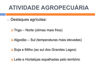 ATIVIDADE AGROPECUÁRIA


Destaques agrícolas:
 Trigo

– Norte (climas mais frios)

 Algodão

– Sul (temperaturas mais elevadas)

 Soja

e Milho (ao sul dos Grandes Lagos)

 Leite

e Hortaliças espalhadas pelo território

 
