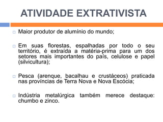 ATIVIDADE EXTRATIVISTA


Maior produtor de alumínio do mundo;



Em suas florestas, espalhadas por todo o seu
território, é extraída a matéria-prima para um dos
setores mais importantes do país, celulose e papel
(silvicultura);



Pesca (arenque, bacalhau e crustáceos) praticada
nas províncias de Terra Nova e Nova Escócia;



Indústria metalúrgica também merece destaque:
chumbo e zinco.

 