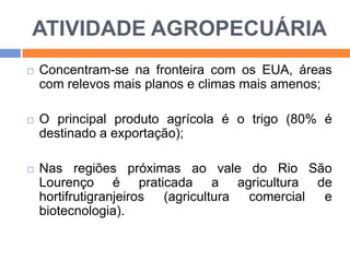 ATIVIDADE AGROPECUÁRIA


Concentram-se na fronteira com os EUA, áreas
com relevos mais planos e climas mais amenos;



O principal produto agrícola é o trigo (80% é
destinado a exportação);



Nas regiões próximas ao vale do Rio São
Lourenço é praticada a agricultura de
hortifrutigranjeiros (agricultura comercial e
biotecnologia).

 