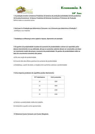 Economia A
10º Ano
5.A produção envolve 1) Sistemas Produtivos 3) Sectores de produção (actividade) 3) Ciclo produtivos
4) Circuitos Económicos 5) Ramos Produtivos 6) Sistemas Económicos 7) Factores de Produção
Define todos os conceitos acima

6.Será que é a Produção que determina o Consumo ou o Consumo que determina a Produção ?
Justifique a sua resposta.

7.Estabeleça as diferenças entre capital e riqueza. Apresente um exemplo.

8.Os ganhos de produtividade resultam do aumento de produtividade e devem ser repartidos pelos
fatores intervinientes na sua obtenção, daí que os aumentos salariais devam ser construidos com base
no crescimento medio dos preços e aumento da produtividade. Os ganhos de produtividade estão na
base do crescimento economico dos países.
a) Dê uma noção de produtividade.
b) Enuncie dois dos efeitos positivos do aumento de produtividade.
c) Estabeleça, a partir do texto, a relação entre aumentos salariais e produtividade.

9.Uma empresa produtora de sapatilhas produz diariamente:
Nº Trabalhadores

Unid. produzidas

10

1000

15

1800

20

2200

25

2500

a) Calcule a produtividade média do trabalho.
b) Interprete o quadro acima apresentado.

10.Relacione Custos Variaveis com Custos Marginais.

 